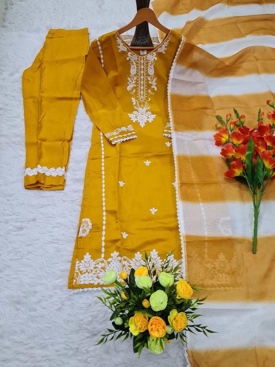 Premium Roman Silk Kurti Set with Heavy Embroidery Work & Kota Check Dupatta