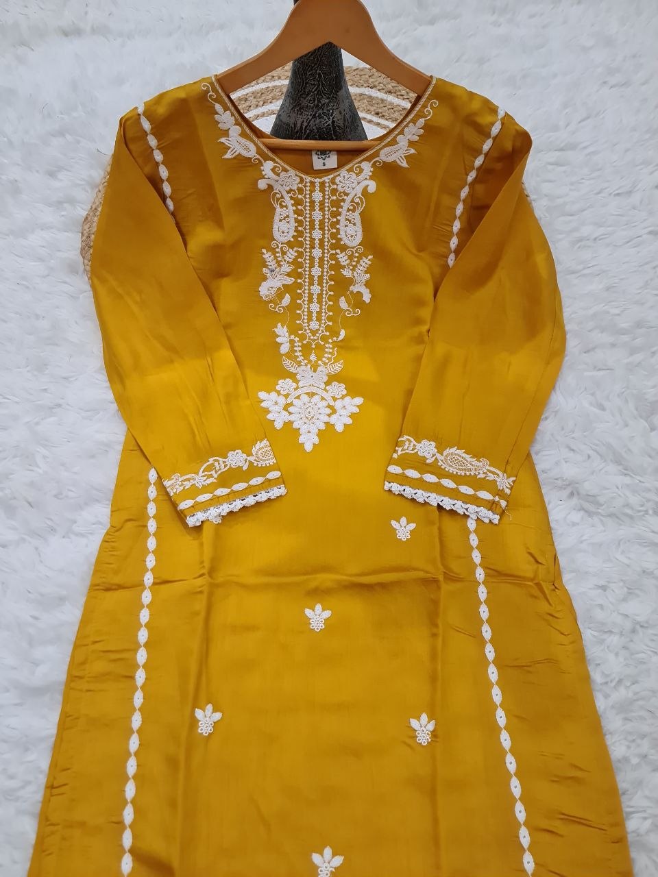 Premium Roman Silk Kurti Set with Heavy Embroidery Work & Kota Check Dupatta