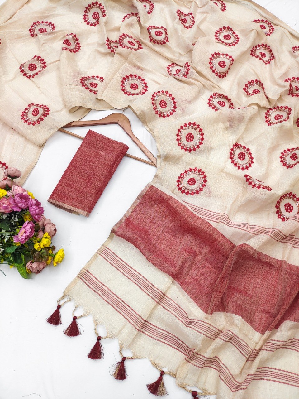 Women’s Pure Mysore Silk Soft Linen Saree with Sequence Embroidery & Tassel Pallu