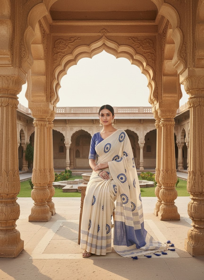 Women’s Pure Mysore Silk Soft Linen Saree with Sequence Embroidery & Tassel Pallu