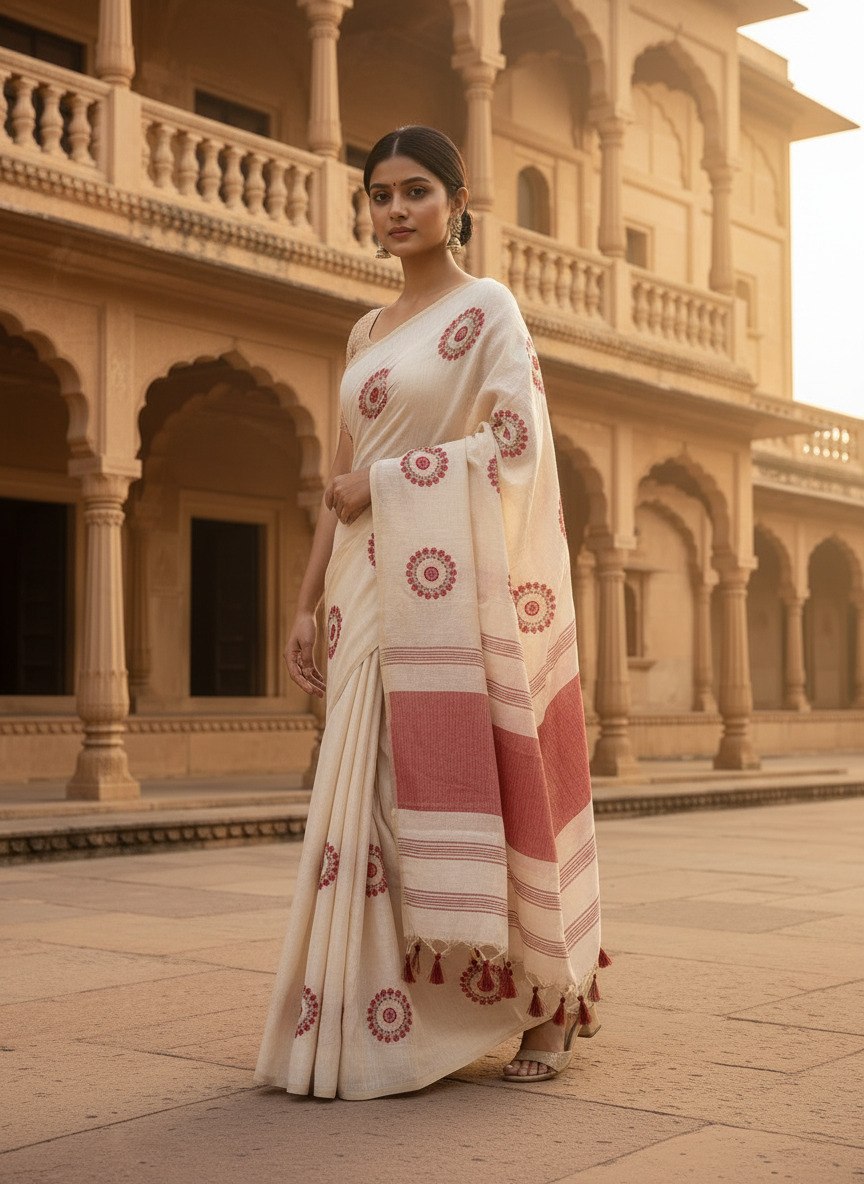 Women’s Pure Mysore Silk Soft Linen Saree with Sequence Embroidery & Tassel Pallu