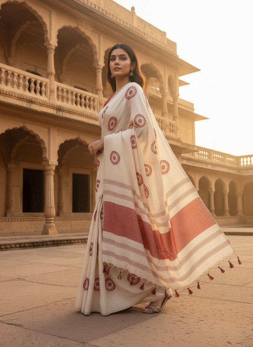 Women’s Pure Mysore Silk Soft Linen Saree with Sequence Embroidery & Tassel Pallu
