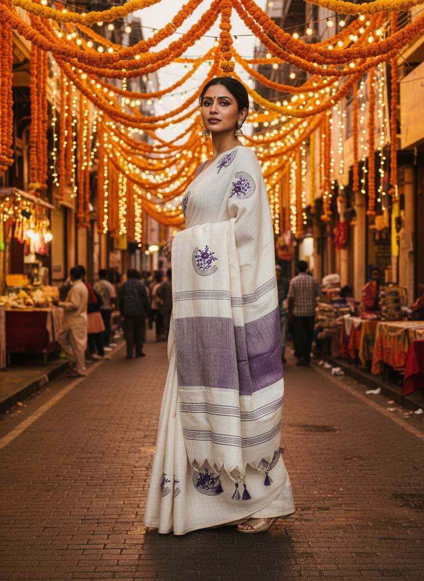 Premium Mysore Silk Linen Saree with Embroidery Work