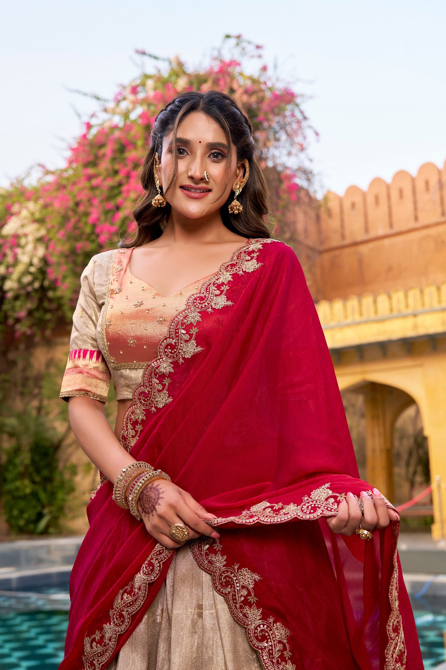 Paithani Border Slub Kota Lehenga Choli Set With Embroidered Dupatta