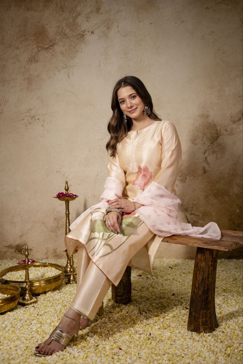 Women's Pure Assam Silk Kurti Pant Set with Organza Printed Dupatta