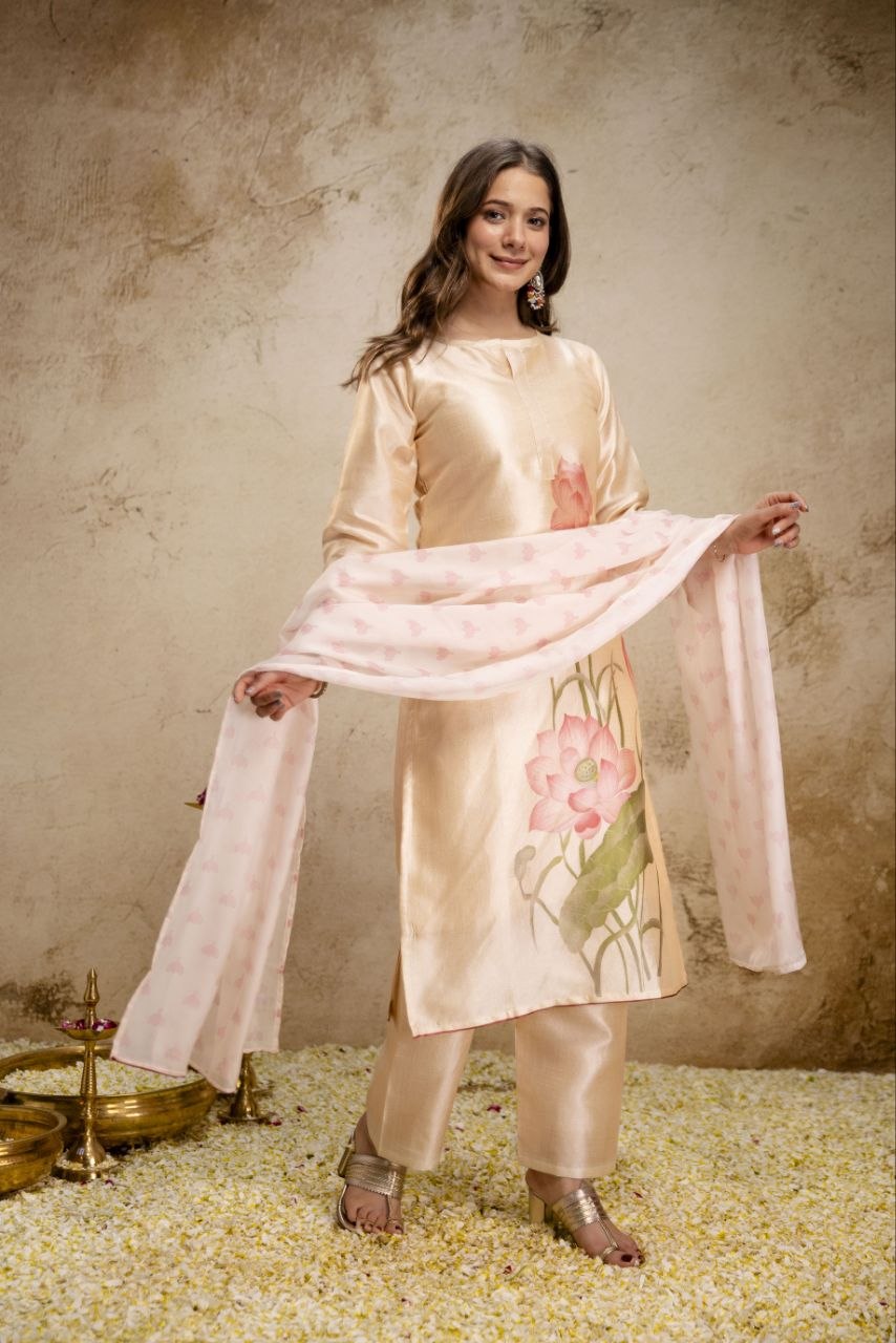 Women's Pure Assam Silk Kurti Pant Set with Organza Printed Dupatta