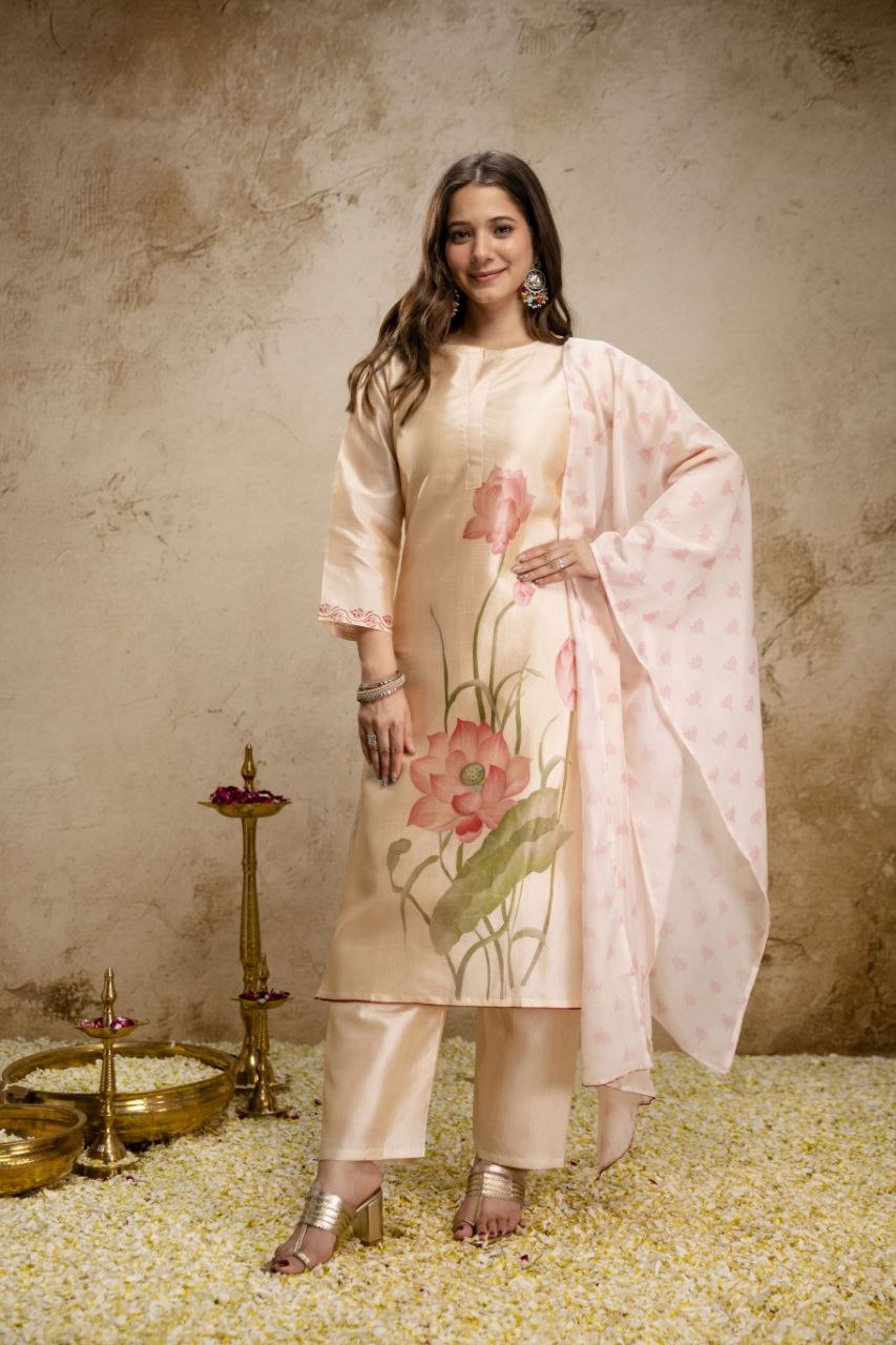 Women's Pure Assam Silk Kurti Pant Set with Organza Printed Dupatta