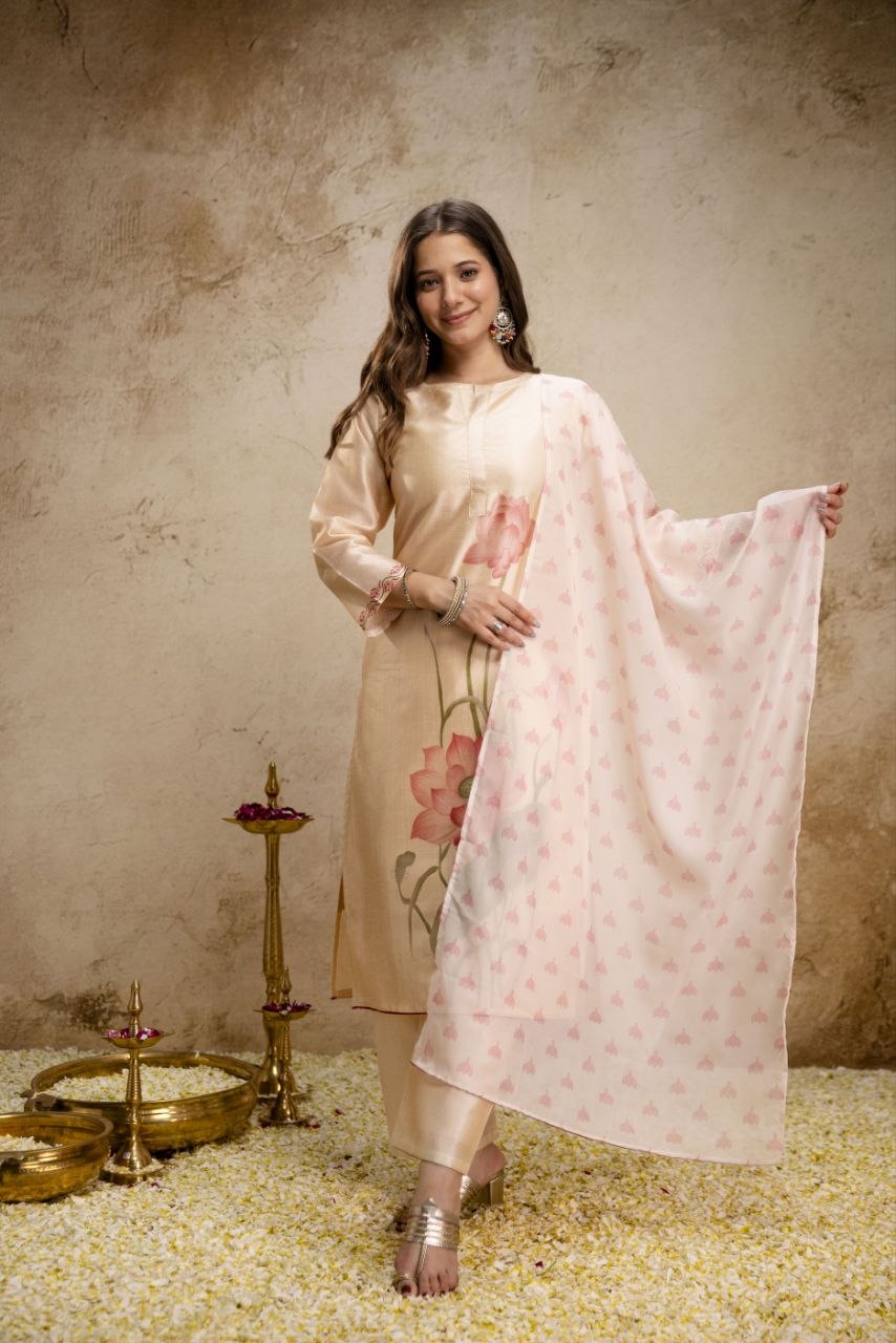 Women's Pure Assam Silk Kurti Pant Set with Organza Printed Dupatta