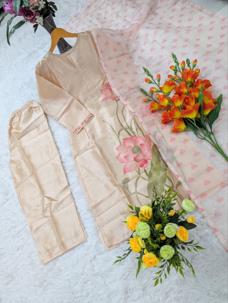 Women's Pure Assam Silk Kurti Pant Set with Organza Printed Dupatta