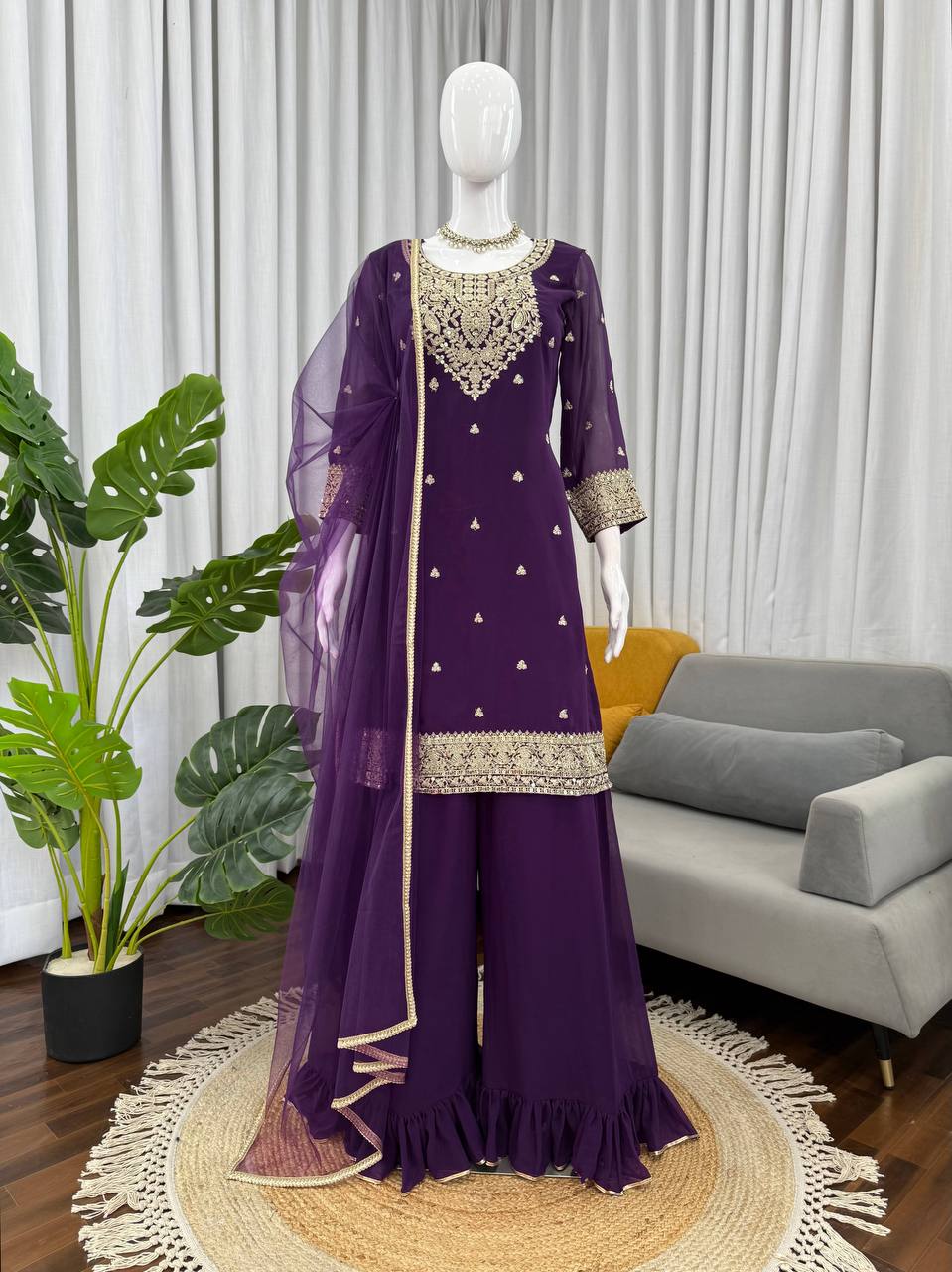 Designer Faux Georgette Embroidered Suit Set with Palazzo and Net Dupatta