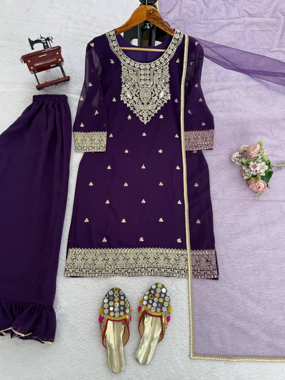 Designer Faux Georgette Embroidered Suit Set with Palazzo and Net Dupatta