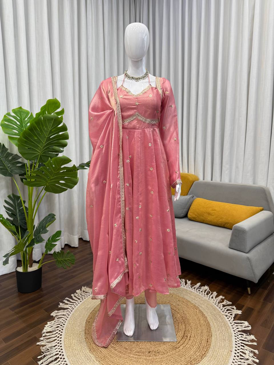 Premium Fendy Silk Anarkali Suit with Thread Sequence Work & Dupatta