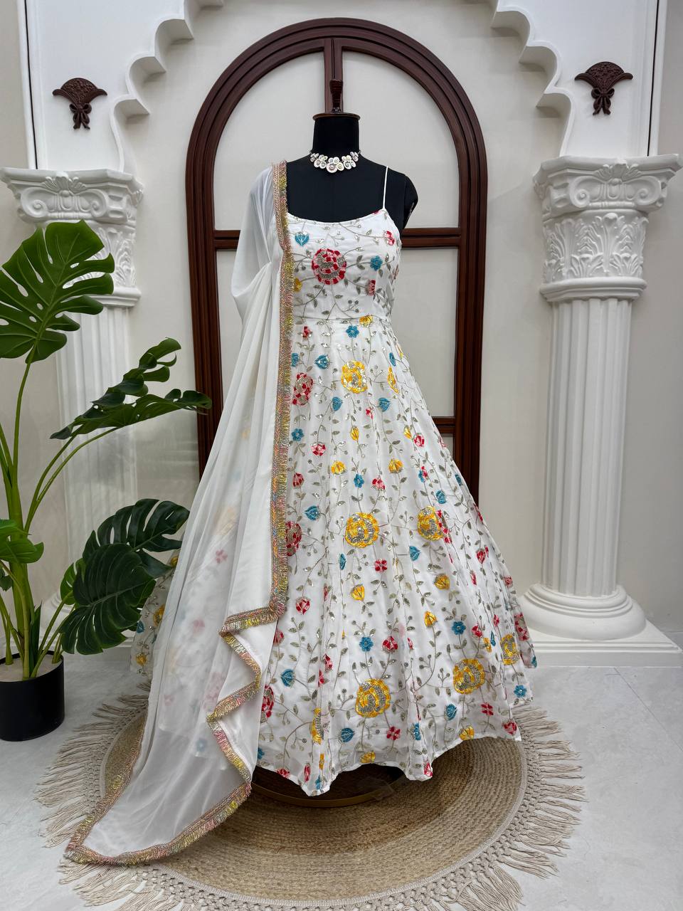 Women's Faux Georgette Embroidered Anarkali Suit Set with Pant & Dupatta