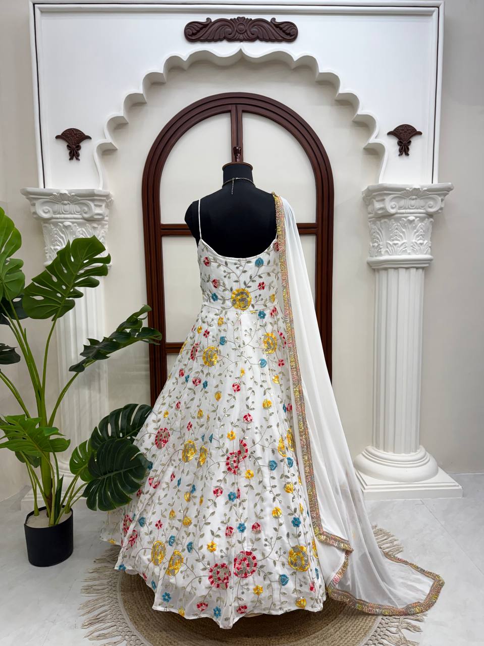 Women's Faux Georgette Embroidered Anarkali Suit Set with Pant & Dupatta