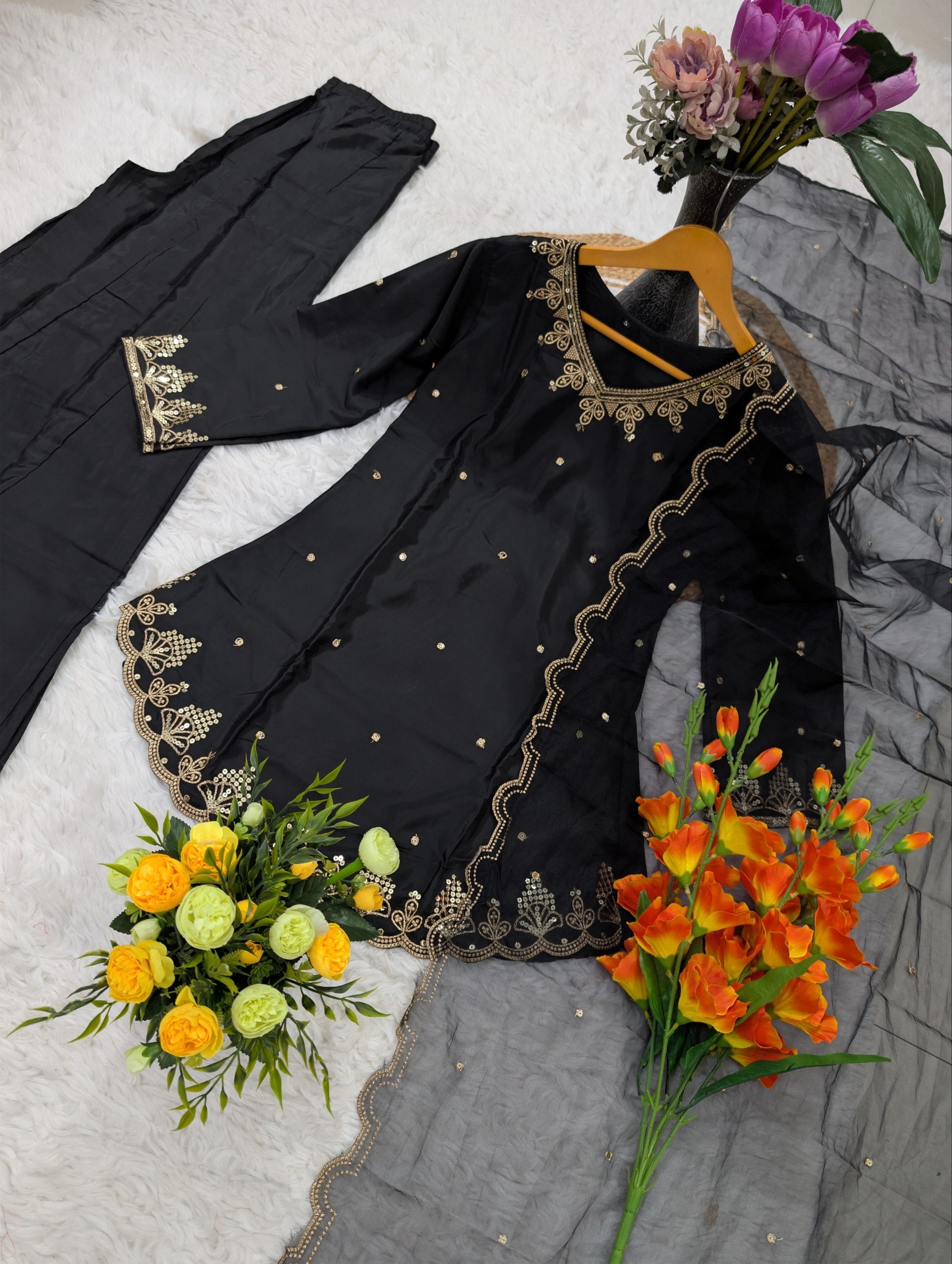 Designer Heavy Silk Crepe Kurta Pant Dupatta Set for Women