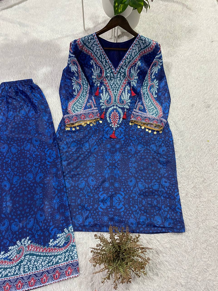 Women's Printed Crepe Silk Kurti Palazzo Co-Ord Set with Tassel Detail
