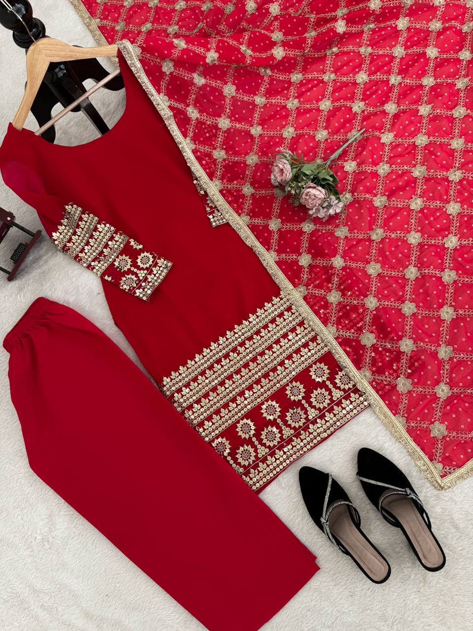 Heavy Faux Georgette Embroidered Kurti Pant Set for Women