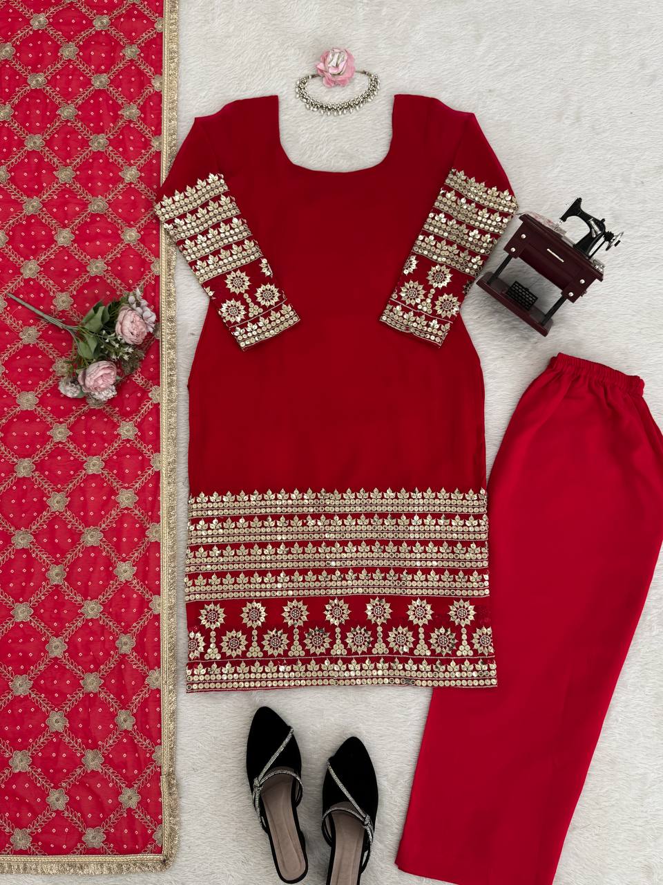 Heavy Faux Georgette Embroidered Kurti Pant Set for Women
