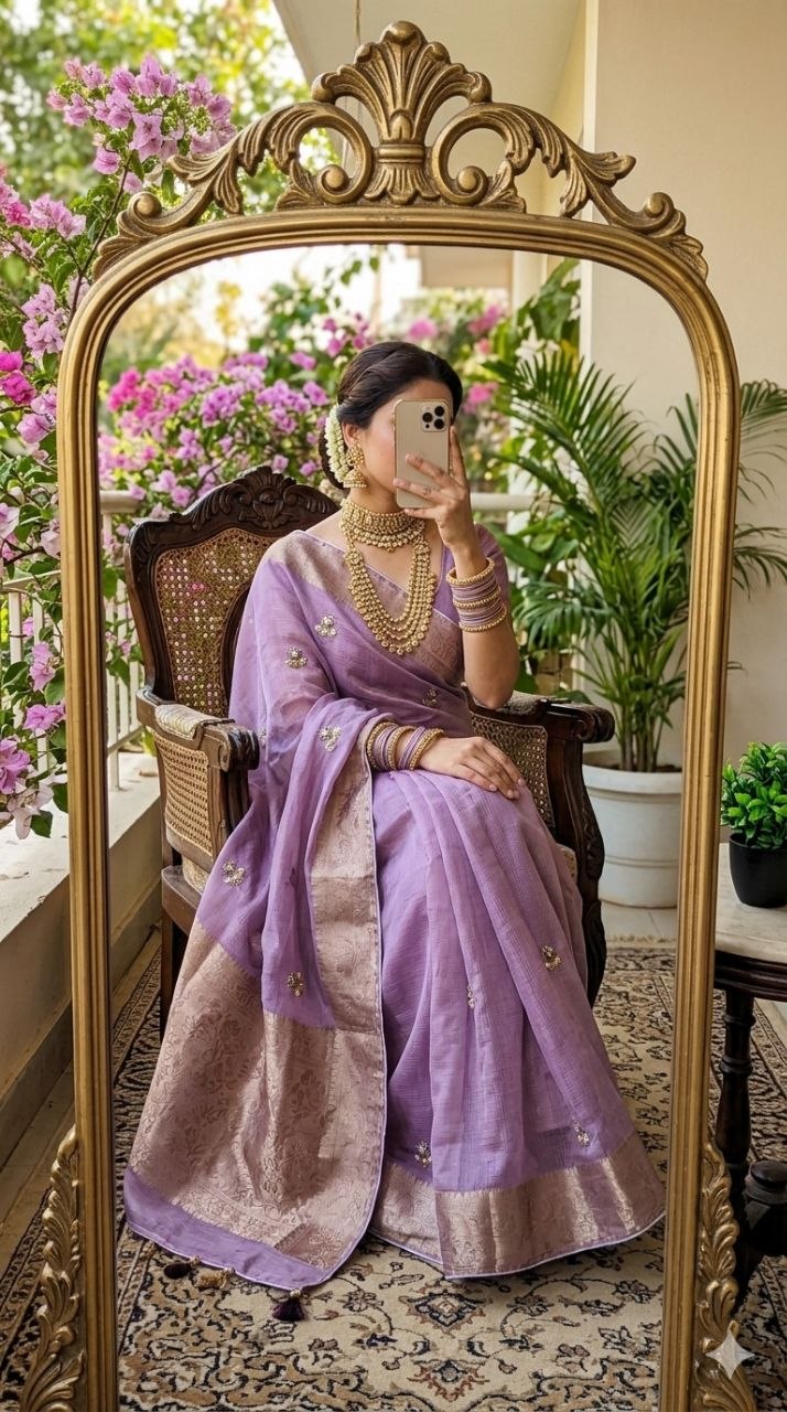 Women's Premium Fandy Chiffon Saree with Beads & Zardosi Floral Work Blouse