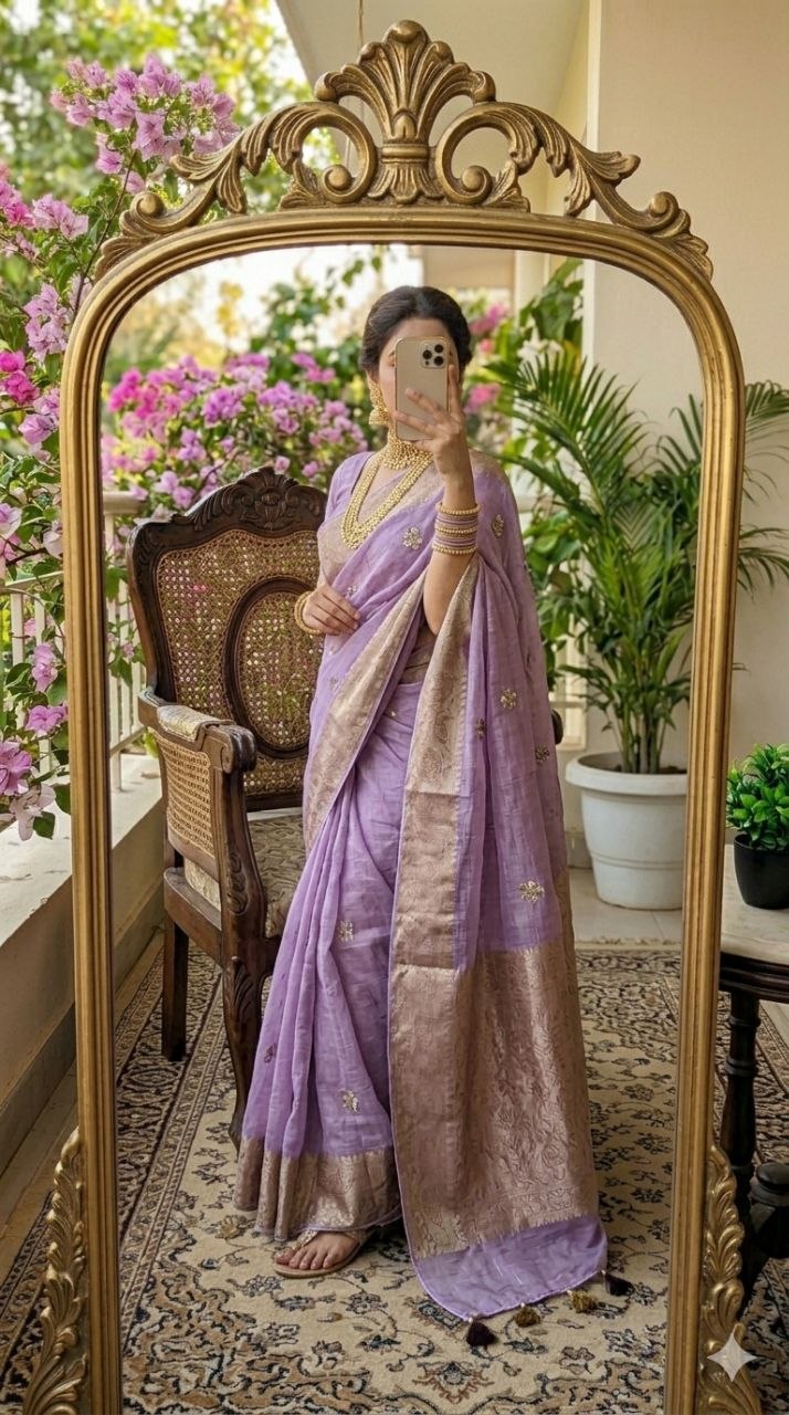 Women's Premium Fandy Chiffon Saree with Beads & Zardosi Floral Work Blouse