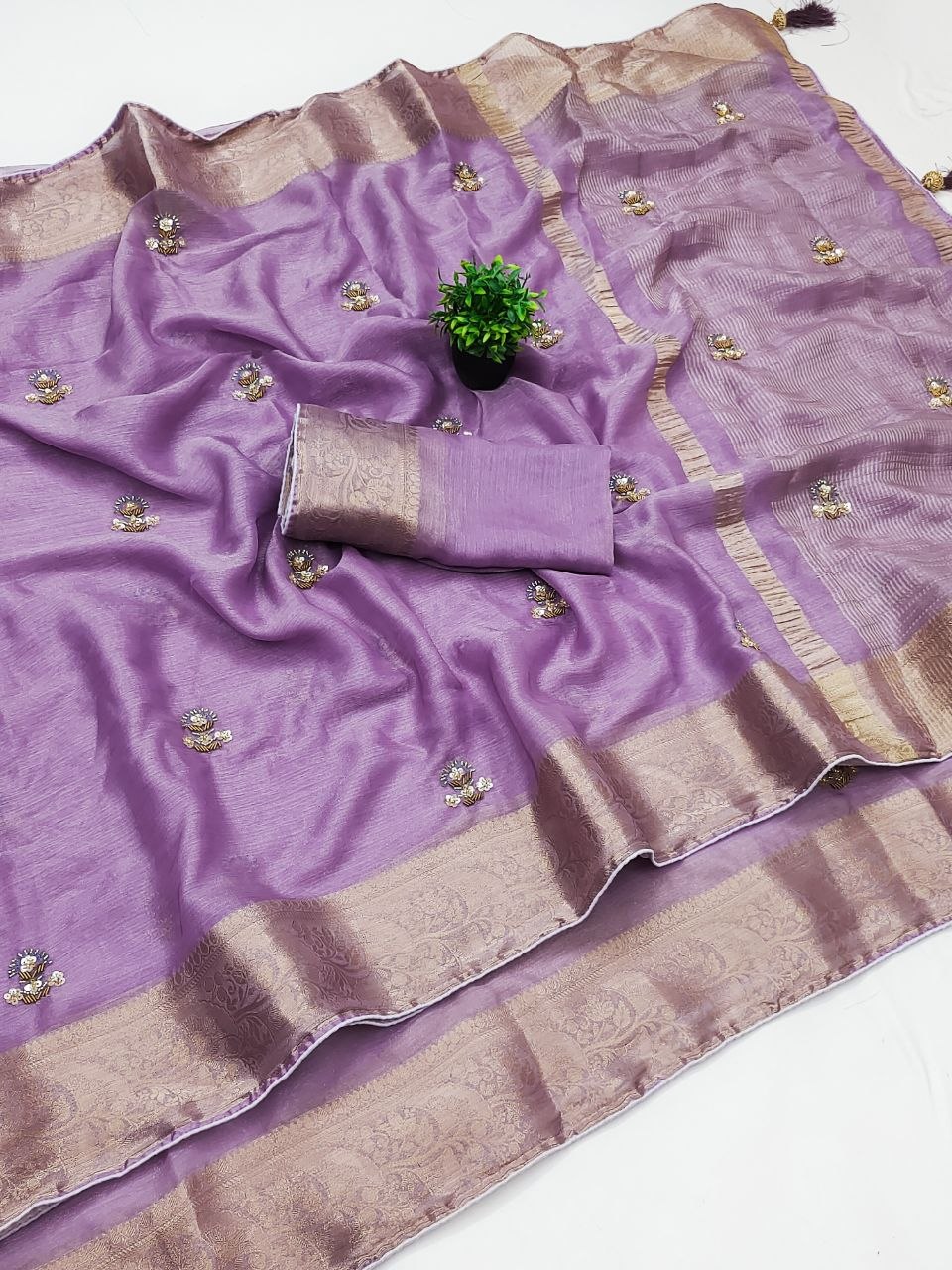 Women's Premium Fandy Chiffon Saree with Beads & Zardosi Floral Work Blouse
