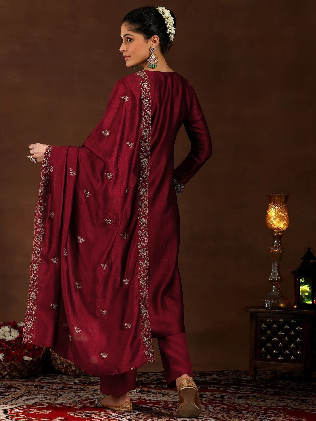 Elegant Vichitra Silk Embroidered Kurti Set with Santoon Silk Bottom