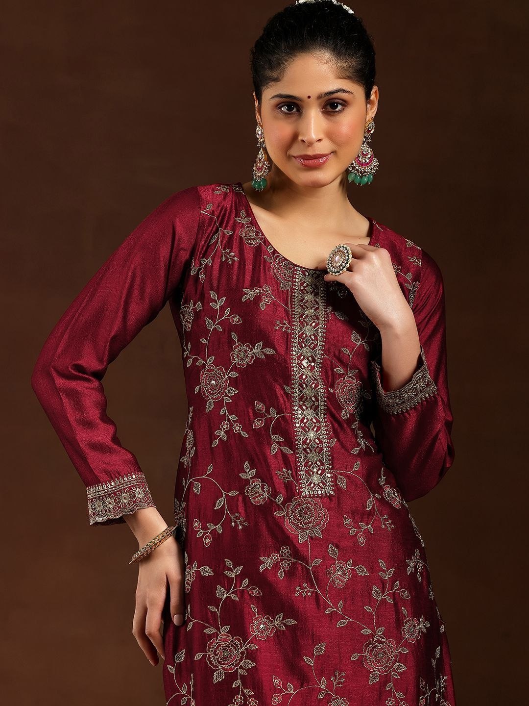 Elegant Vichitra Silk Embroidered Kurti Set with Santoon Silk Bottom