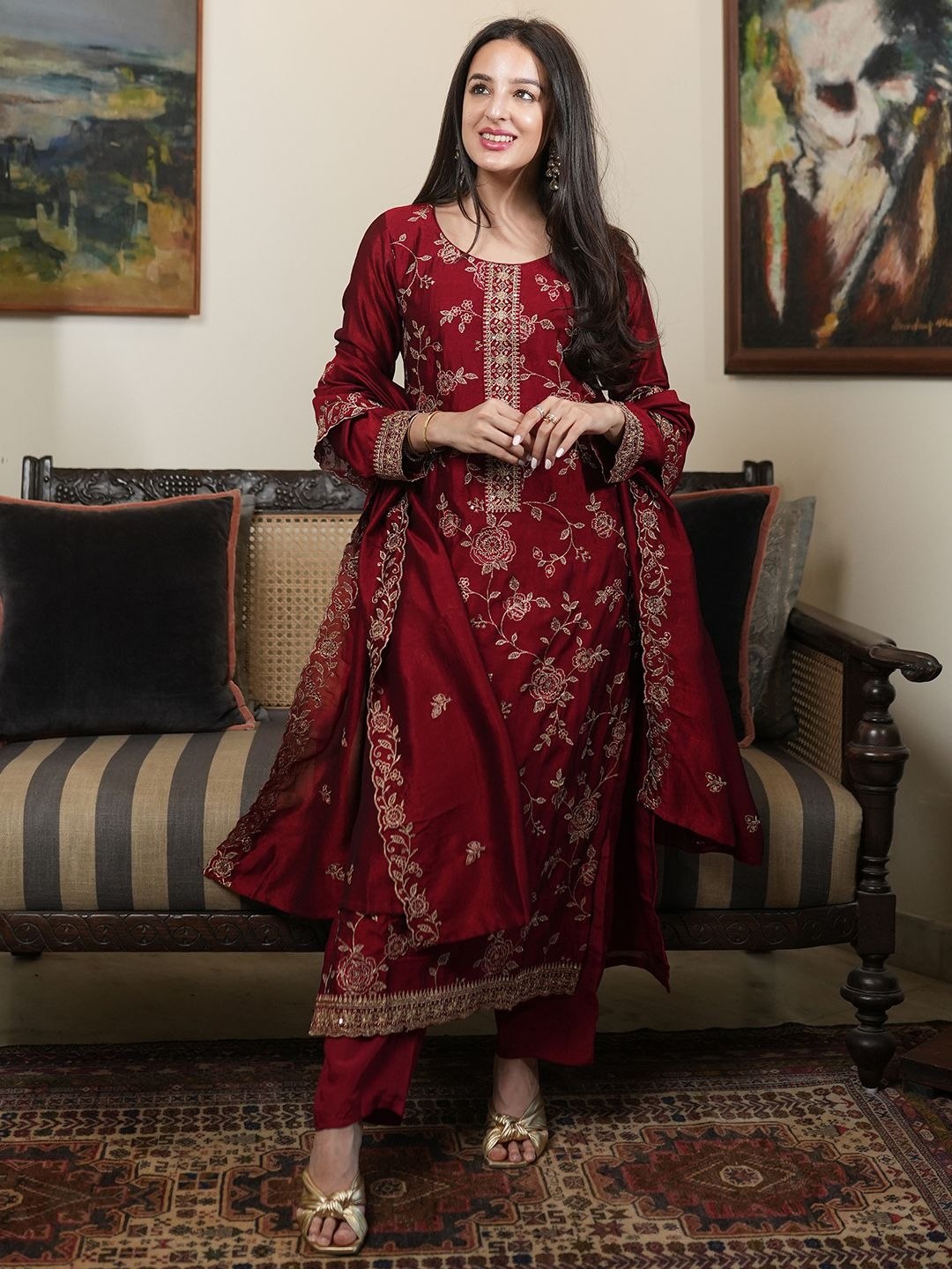 Elegant Vichitra Silk Embroidered Kurti Set with Santoon Silk Bottom