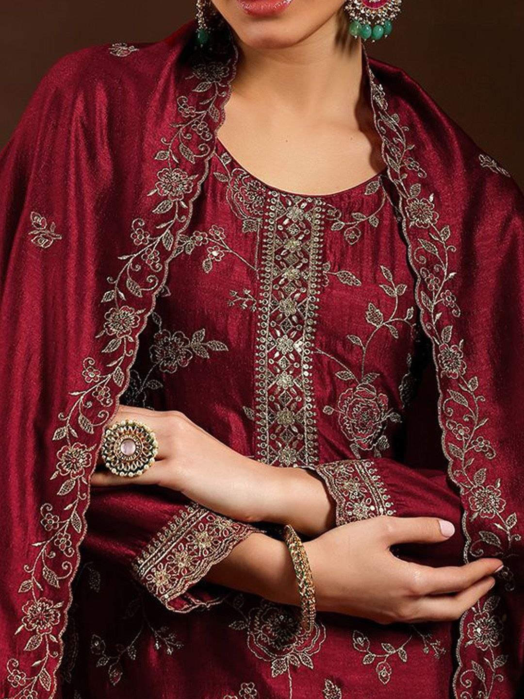 Elegant Vichitra Silk Embroidered Kurti Set with Santoon Silk Bottom