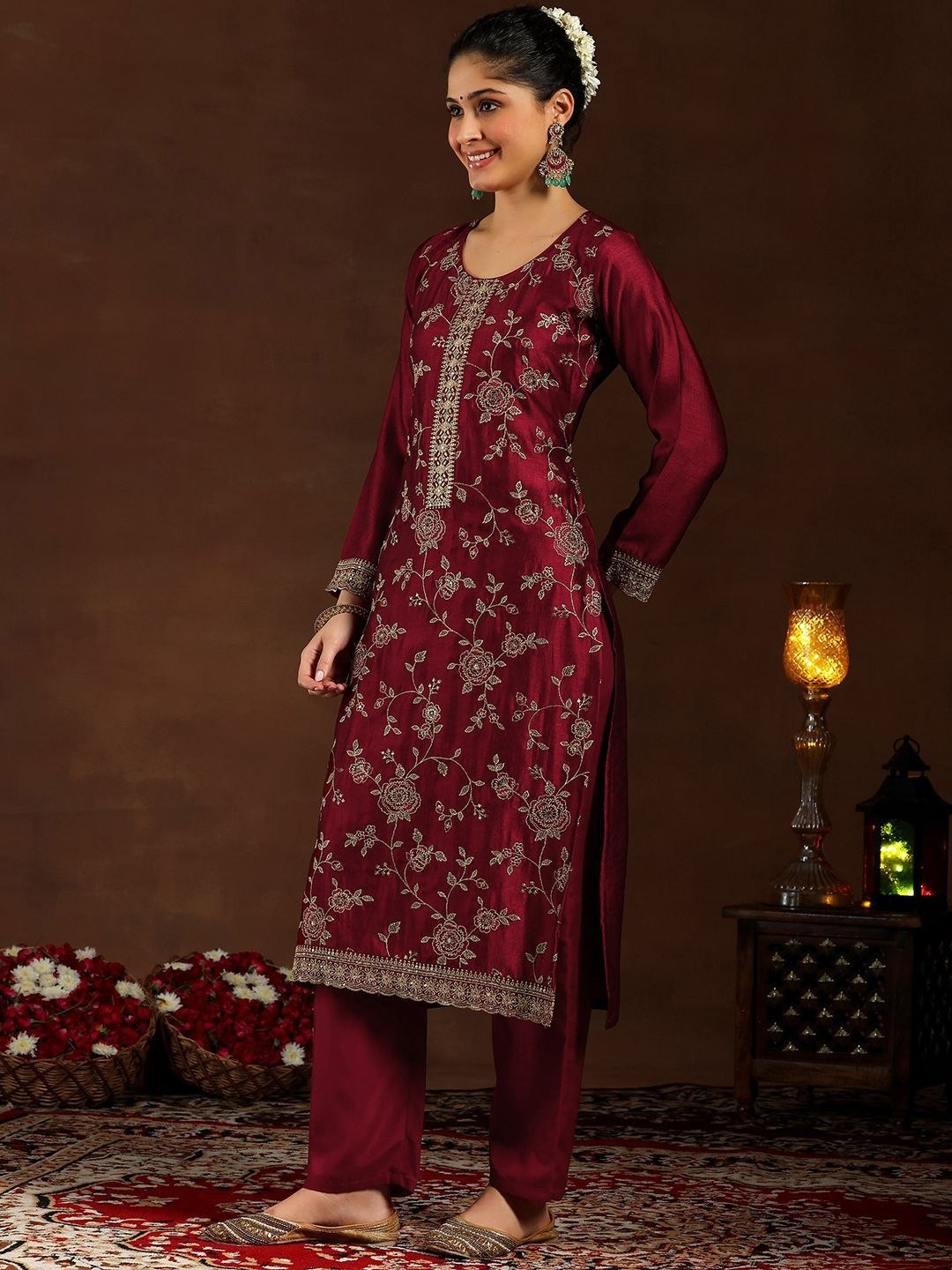 Elegant Vichitra Silk Embroidered Kurti Set with Santoon Silk Bottom