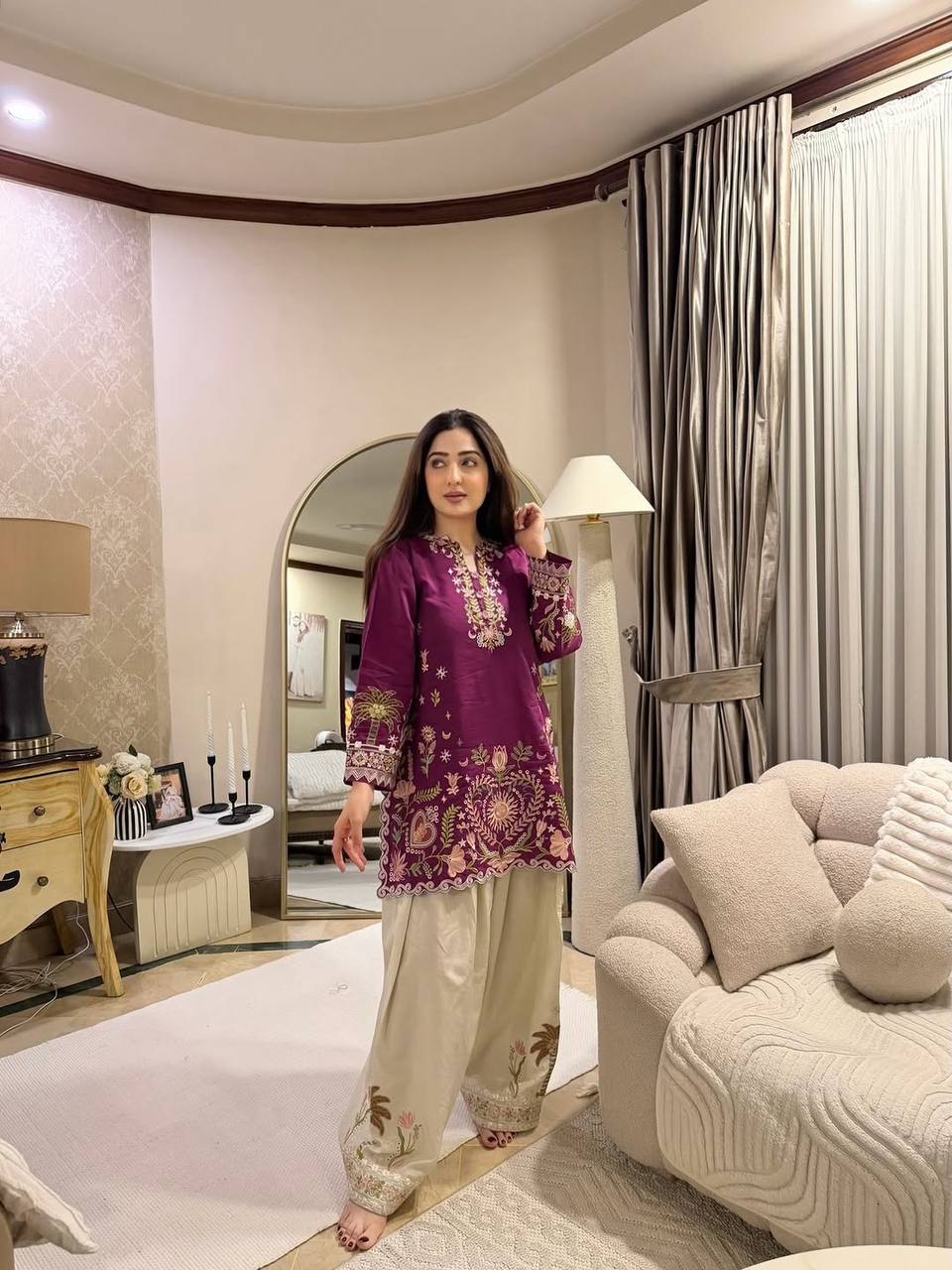 Premium French Crepe Kurti Set with Front & Back Embroidery Work