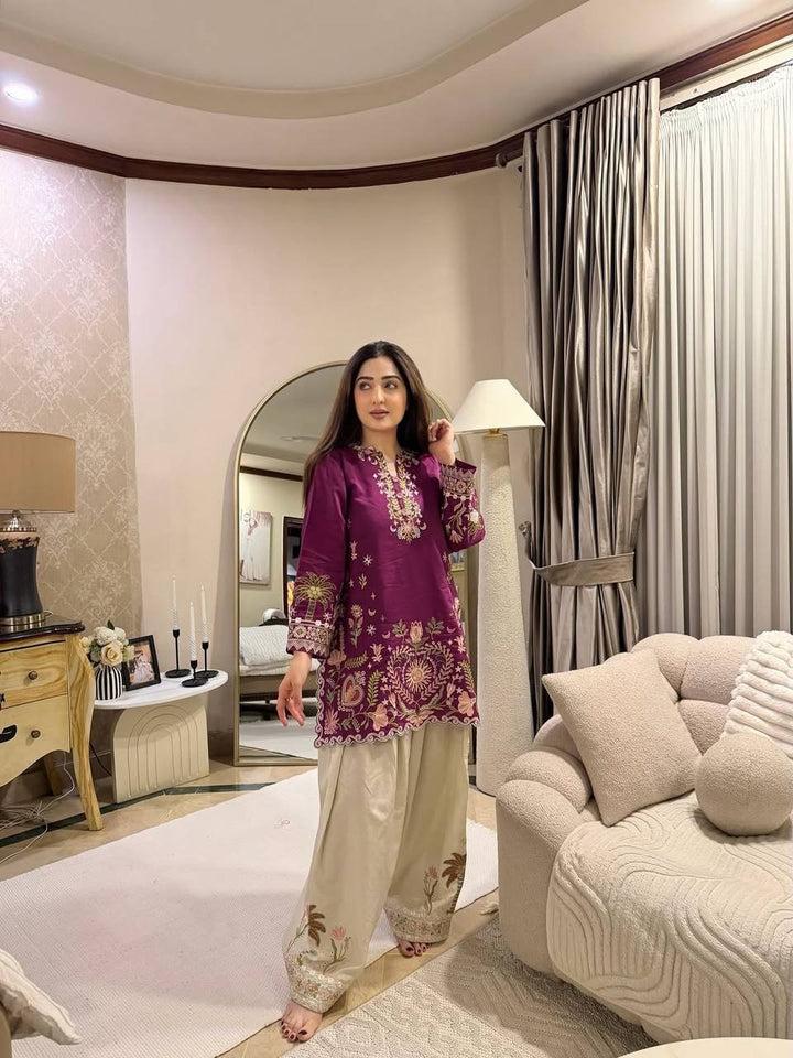 Premium French Crepe Kurti Set with Front & Back Embroidery Work