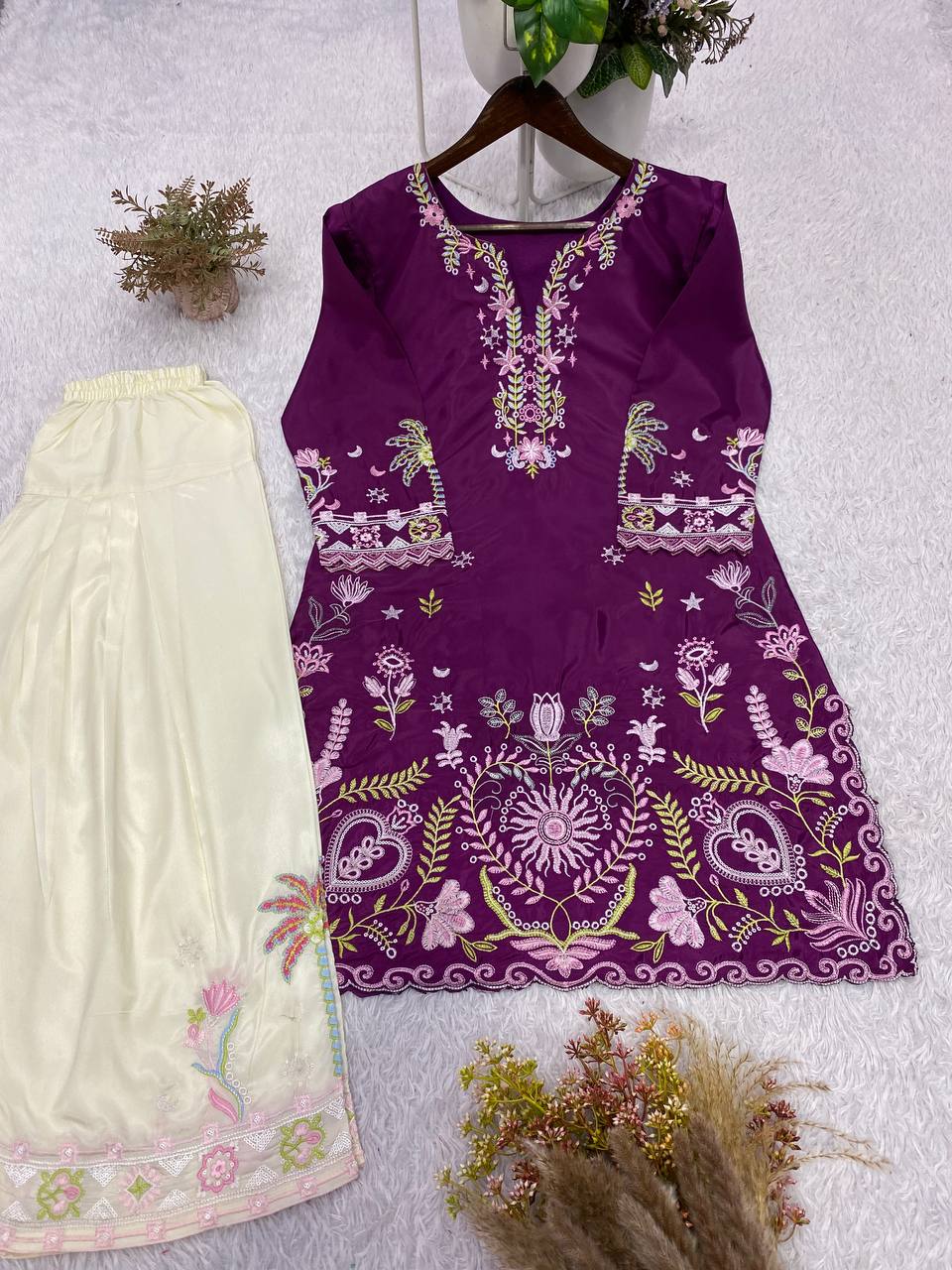 Premium French Crepe Kurti Set with Front & Back Embroidery Work