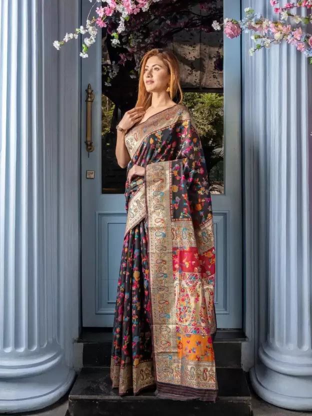 Women’s Kashmiri Pashmina Banarasi Soft Saree with Zari Work & Jacquard Blouse
