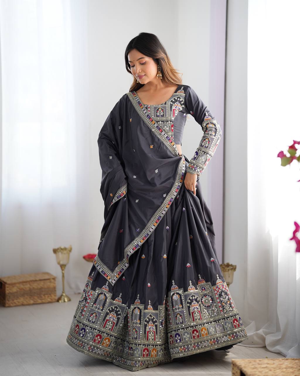 Natural Crepe Silk Coding Dori Sequence Work Lehenga Choli