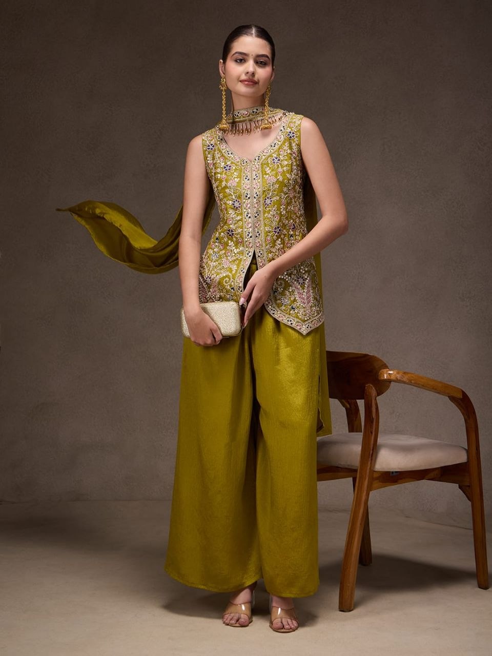 Elegant Chinon Silk Kurti Pant Dupatta Set with Heavy Sequence Coding Embroidery