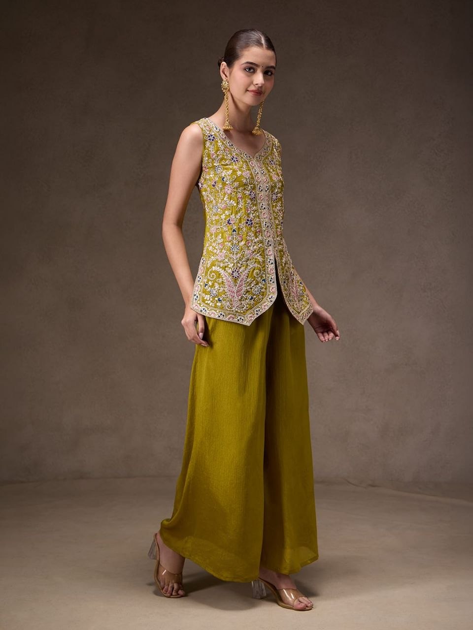 Elegant Chinon Silk Kurti Pant Dupatta Set with Heavy Sequence Coding Embroidery