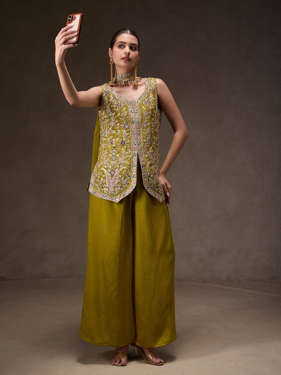 Elegant Chinon Silk Kurti Pant Dupatta Set with Heavy Sequence Coding Embroidery