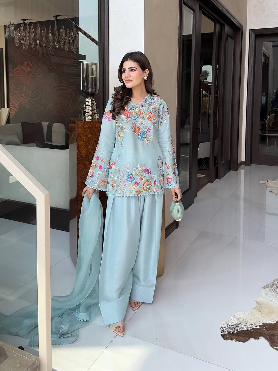 Women's Crepe Silk Embroidered Kurti Salwar Set with Organza Dupatta