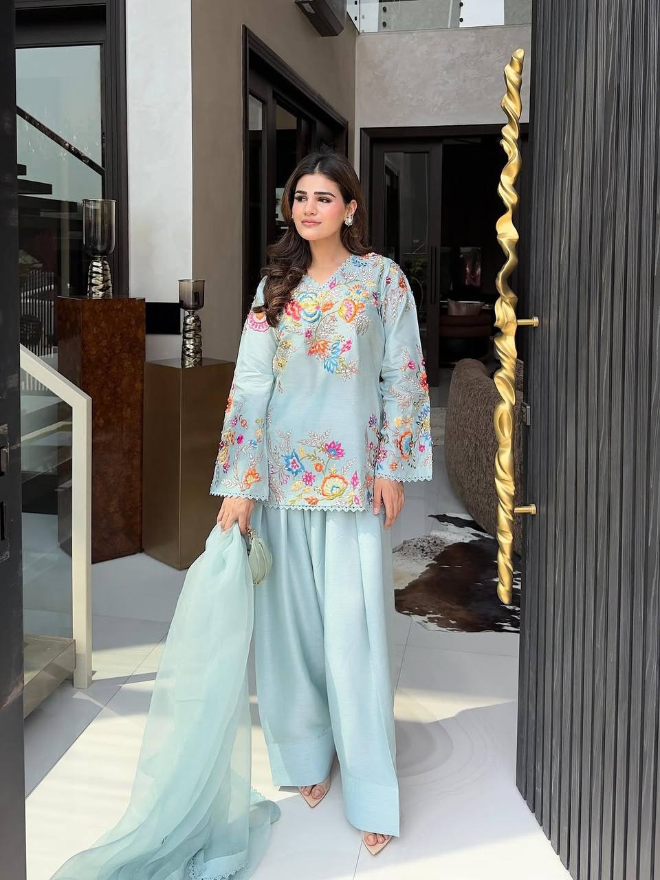 Women's Crepe Silk Embroidered Kurti Salwar Set with Organza Dupatta