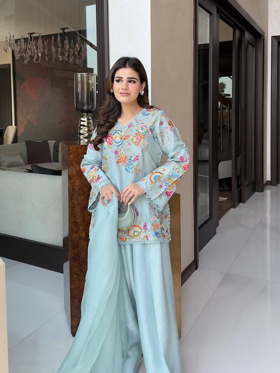 Women's Crepe Silk Embroidered Kurti Salwar Set with Organza Dupatta