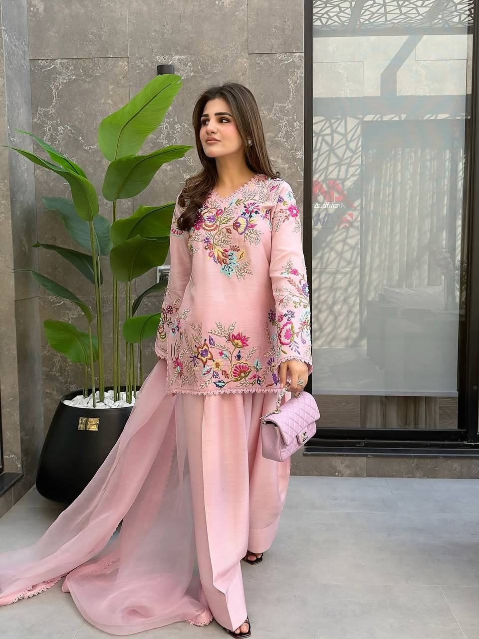 Women's Crepe Silk Embroidered Kurti Salwar Set with Organza Dupatta