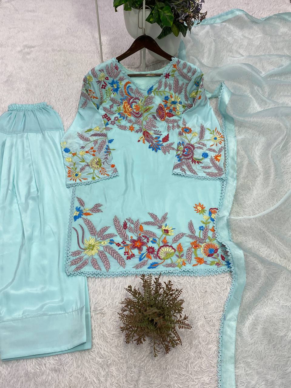 Women's Crepe Silk Embroidered Kurti Salwar Set with Organza Dupatta