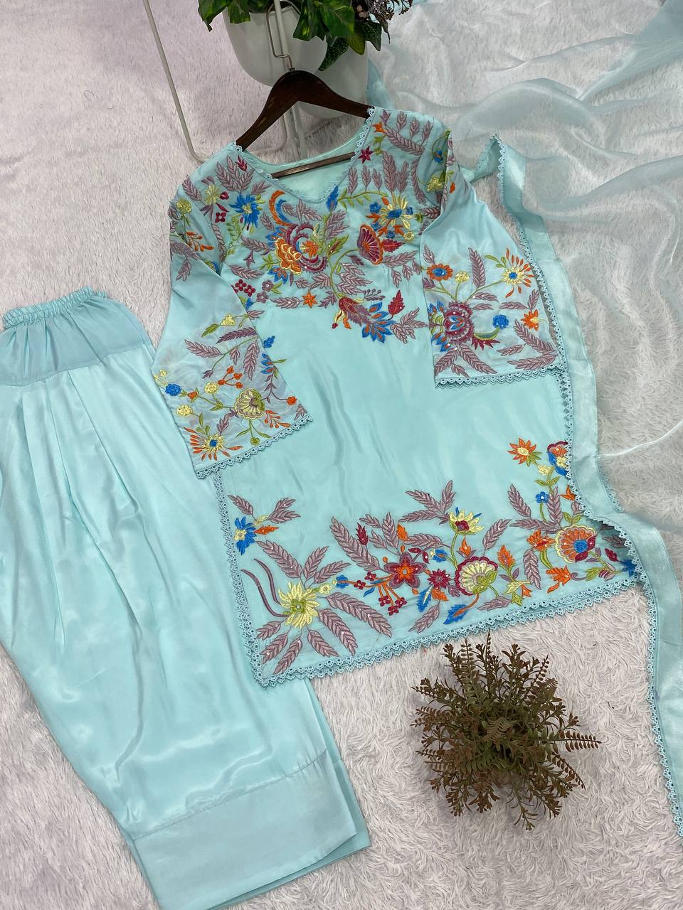Women's Crepe Silk Embroidered Kurti Salwar Set with Organza Dupatta