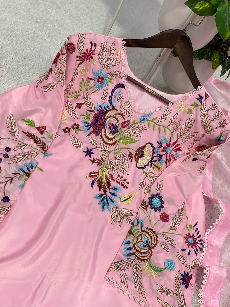 Women's Crepe Silk Embroidered Kurti Salwar Set with Organza Dupatta