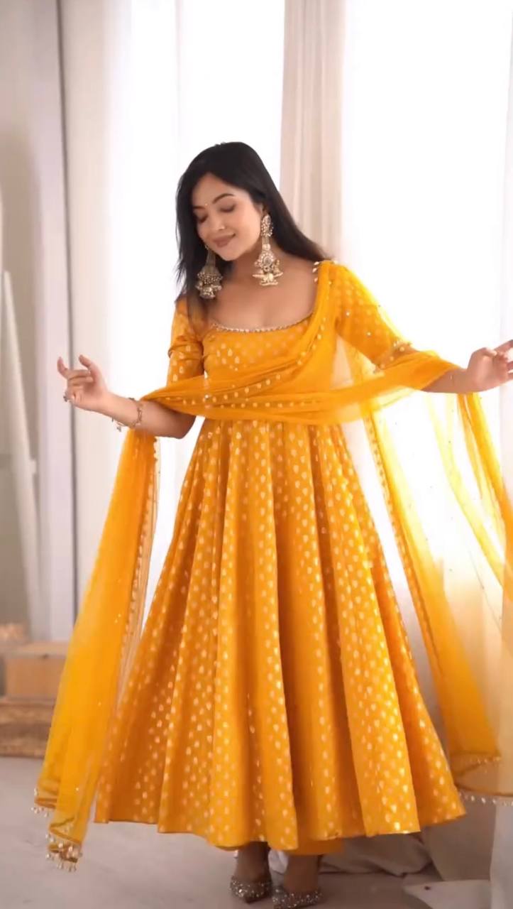 Premium Chanderi Jacquard Anarkali Suit with Real Mirror Work & Pearl Dupatta