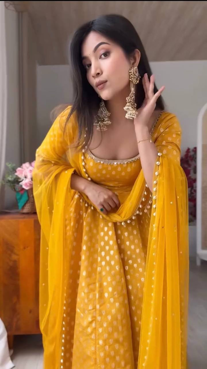 Premium Chanderi Jacquard Anarkali Suit with Real Mirror Work & Pearl Dupatta