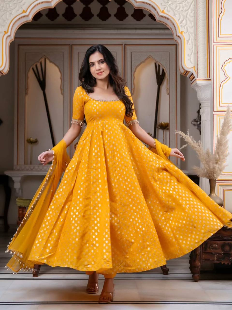 Premium Chanderi Jacquard Anarkali Suit with Real Mirror Work & Pearl Dupatta