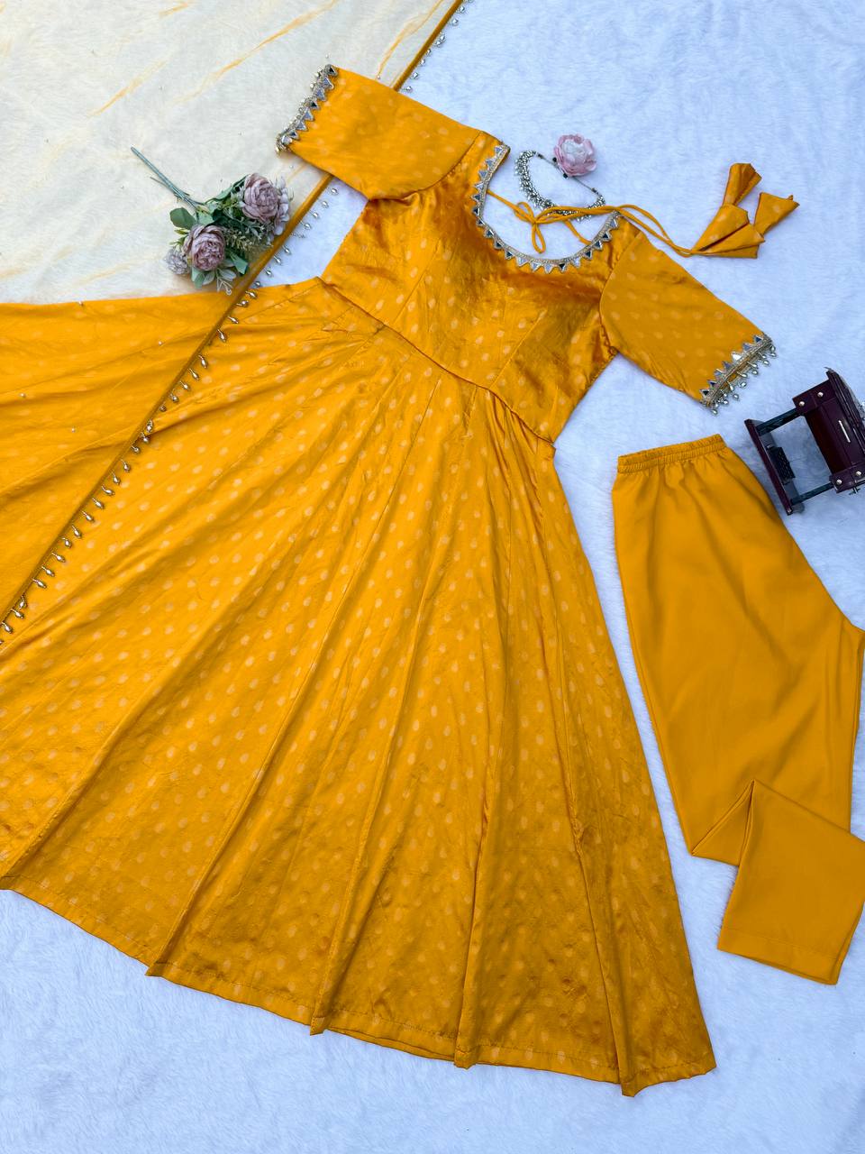 Premium Chanderi Jacquard Anarkali Suit with Real Mirror Work & Pearl Dupatta