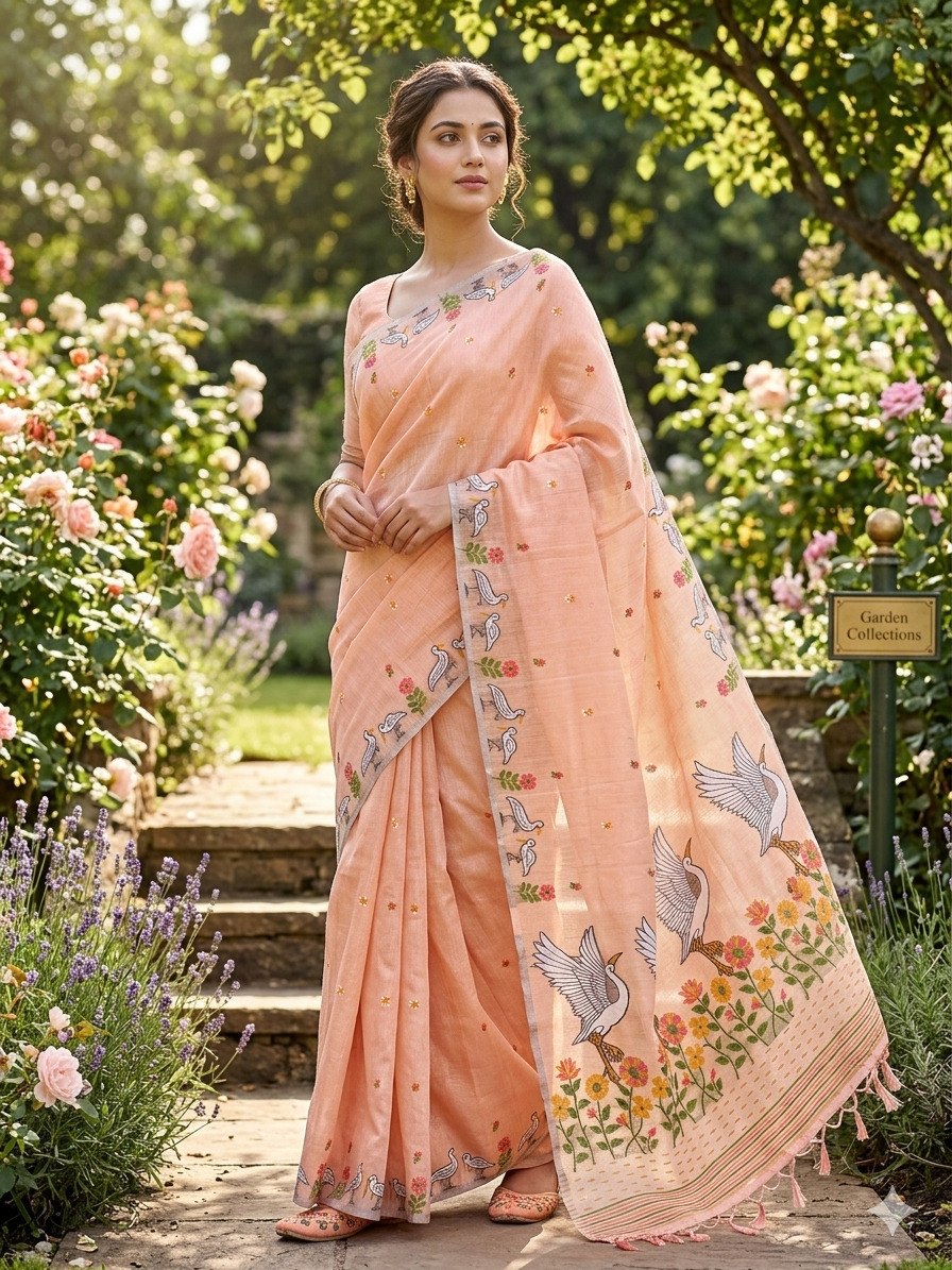 Women’s Soft Linen Slub Jacquard Saree with Rich Pallu & Zari Weave Border